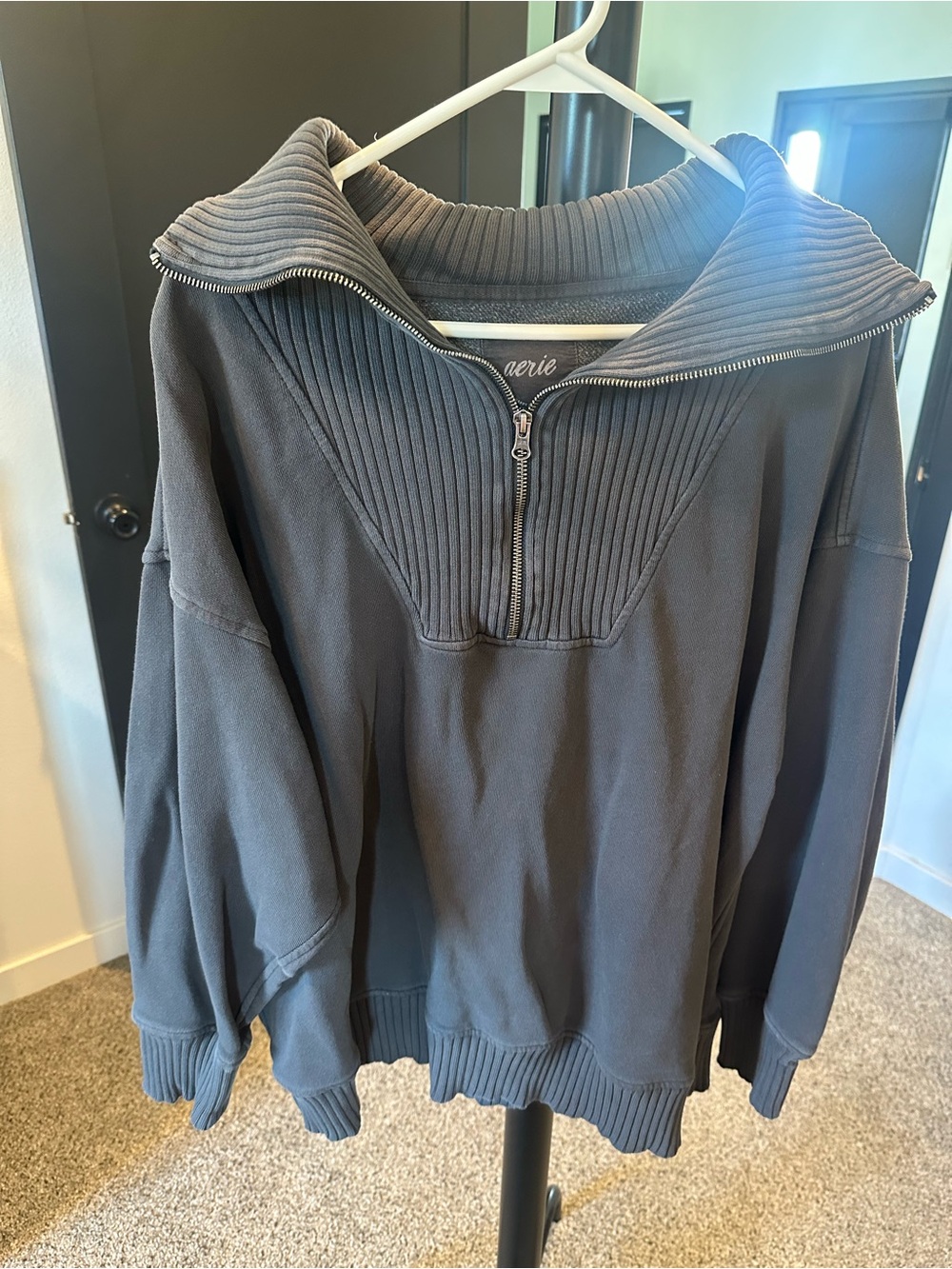 aerie Women's Charcoal Half-Zip Ribbed Funnel Collar Pullover